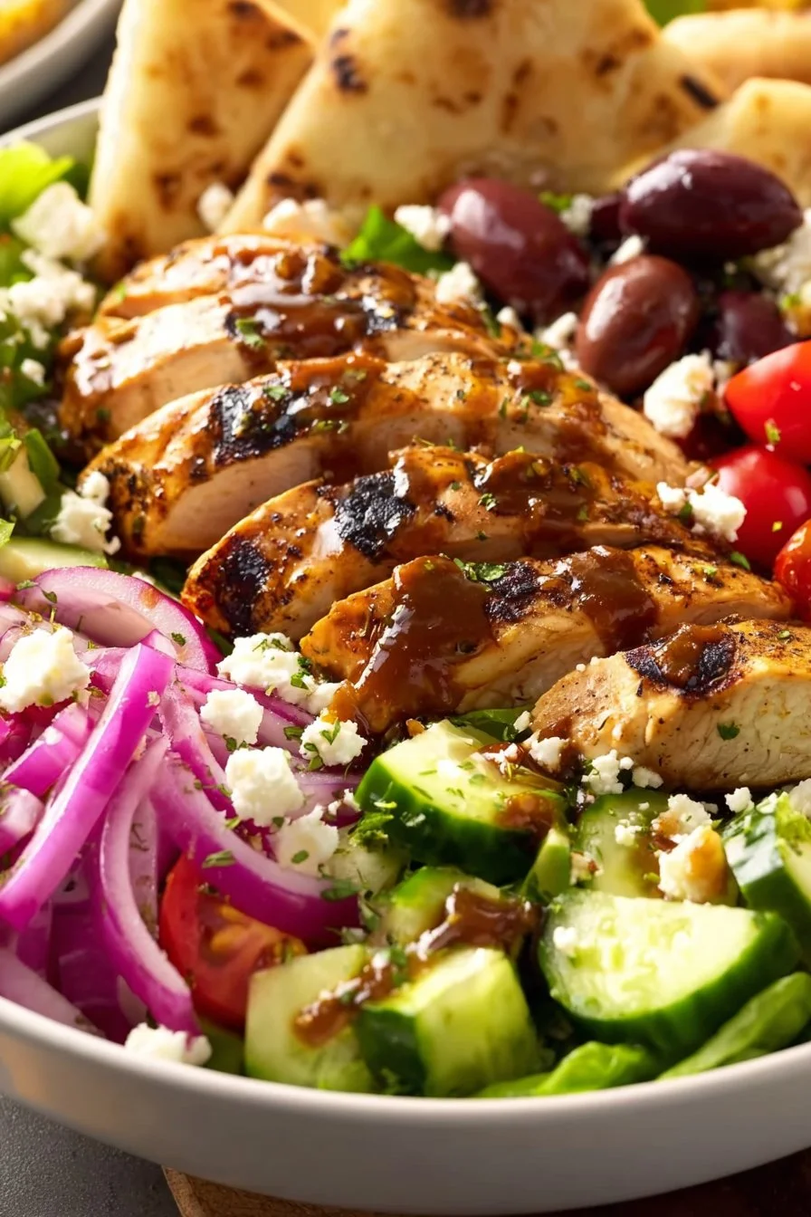 Delicious Greek Chicken Bowl with fresh vegetables and herbs