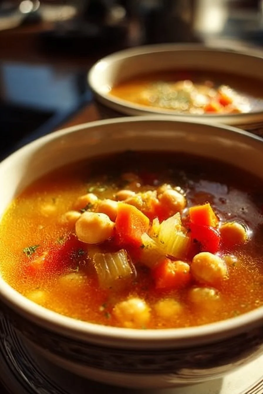 Bowl of Greek Chickpea Soup garnished with fresh herbs and spices
