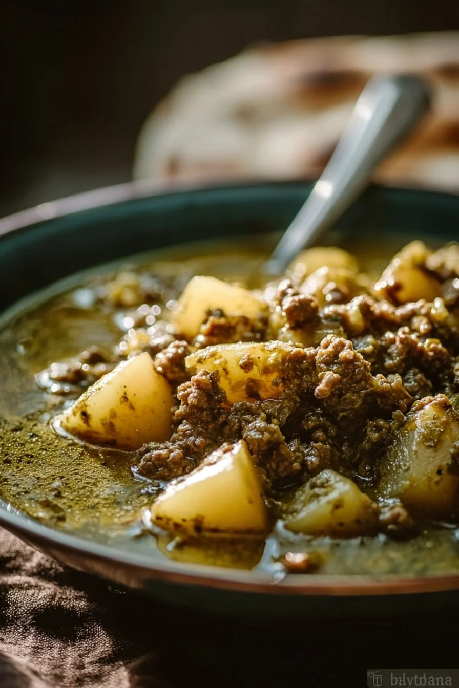 Flavorful Green Chile Picadillo served in a bowl garnished with fresh cilantro.