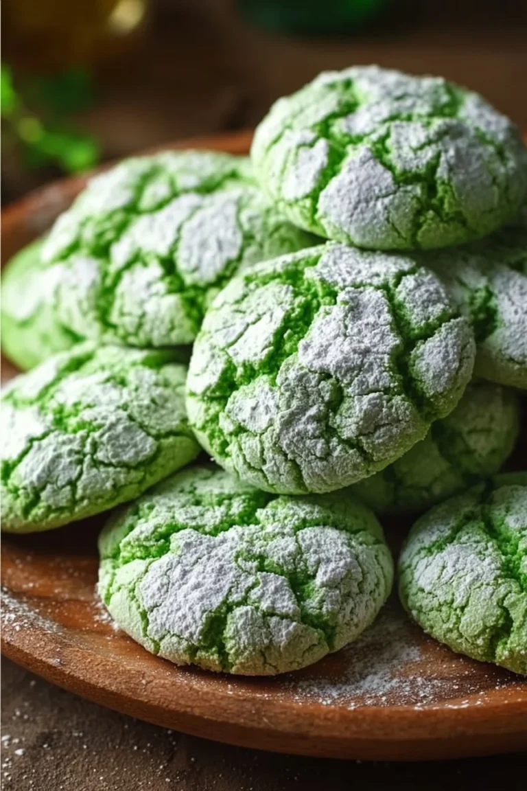 Freshly baked Green Crinkle Cookies with a vibrant green color and powdered sugar coating