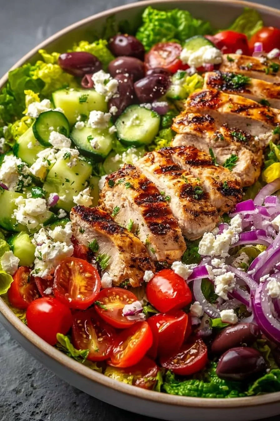 Delicious grilled chicken Greek salad with fresh vegetables and dressing