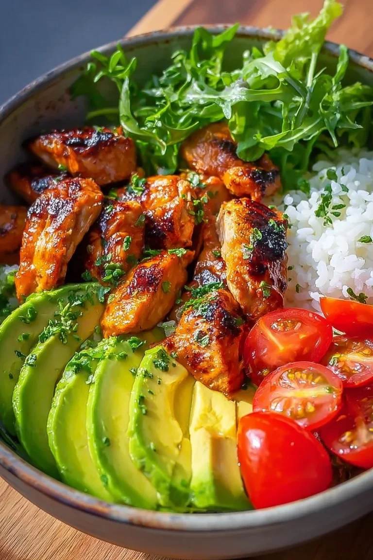Grilled chicken rice bowl topped with avocado slices and fresh veggies