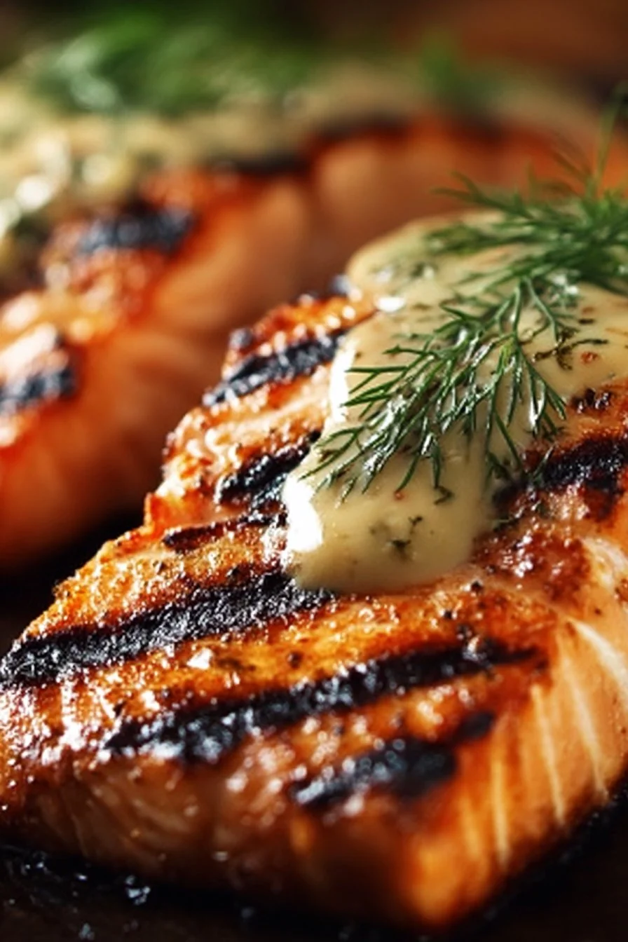 Grilled salmon fillet drizzled with Dijon mustard sauce served on a plate