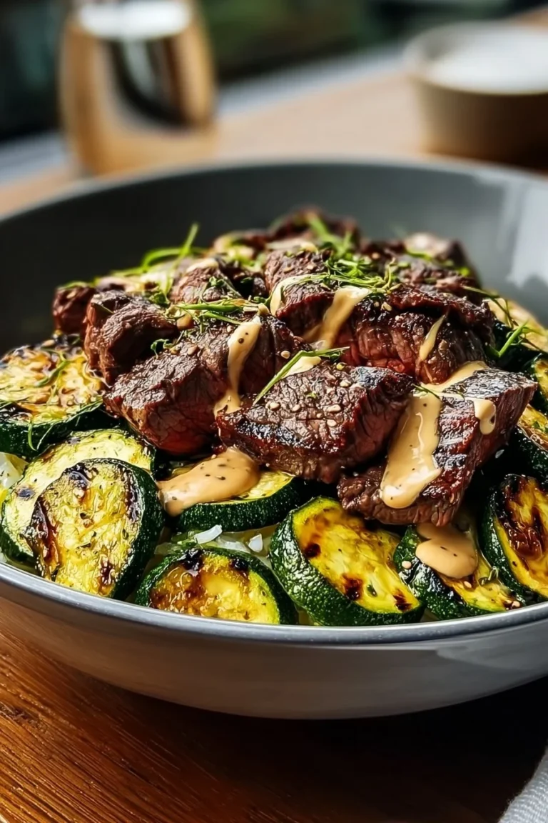 Delicious grilled steak bowl topped with sauce and grilled zucchini.