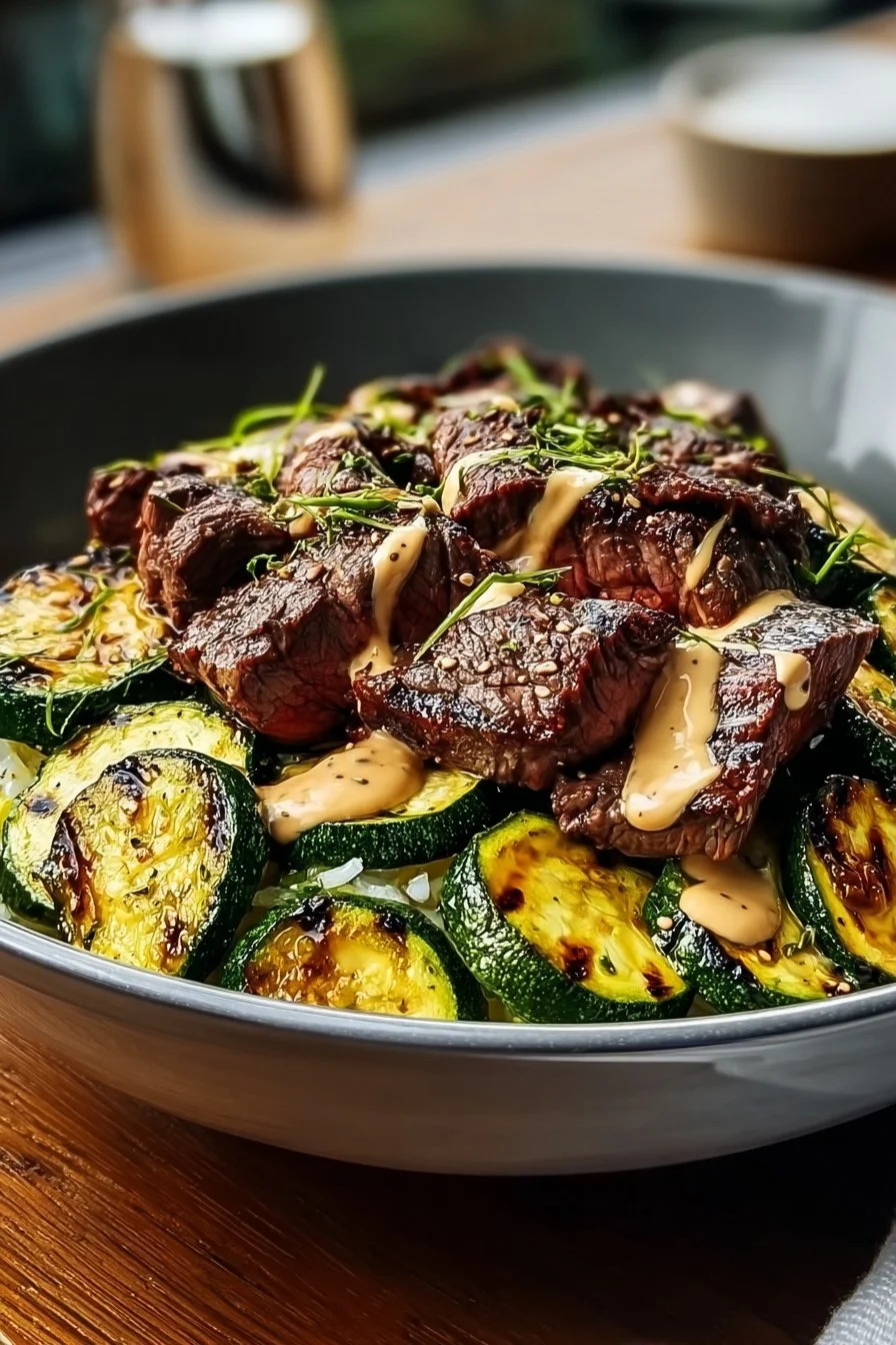 Delicious grilled steak bowl topped with sauce and grilled zucchini.