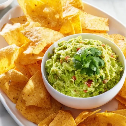 Delicious homemade guacamole served with tortilla chips