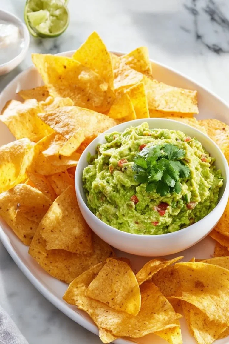 Delicious homemade guacamole served with tortilla chips