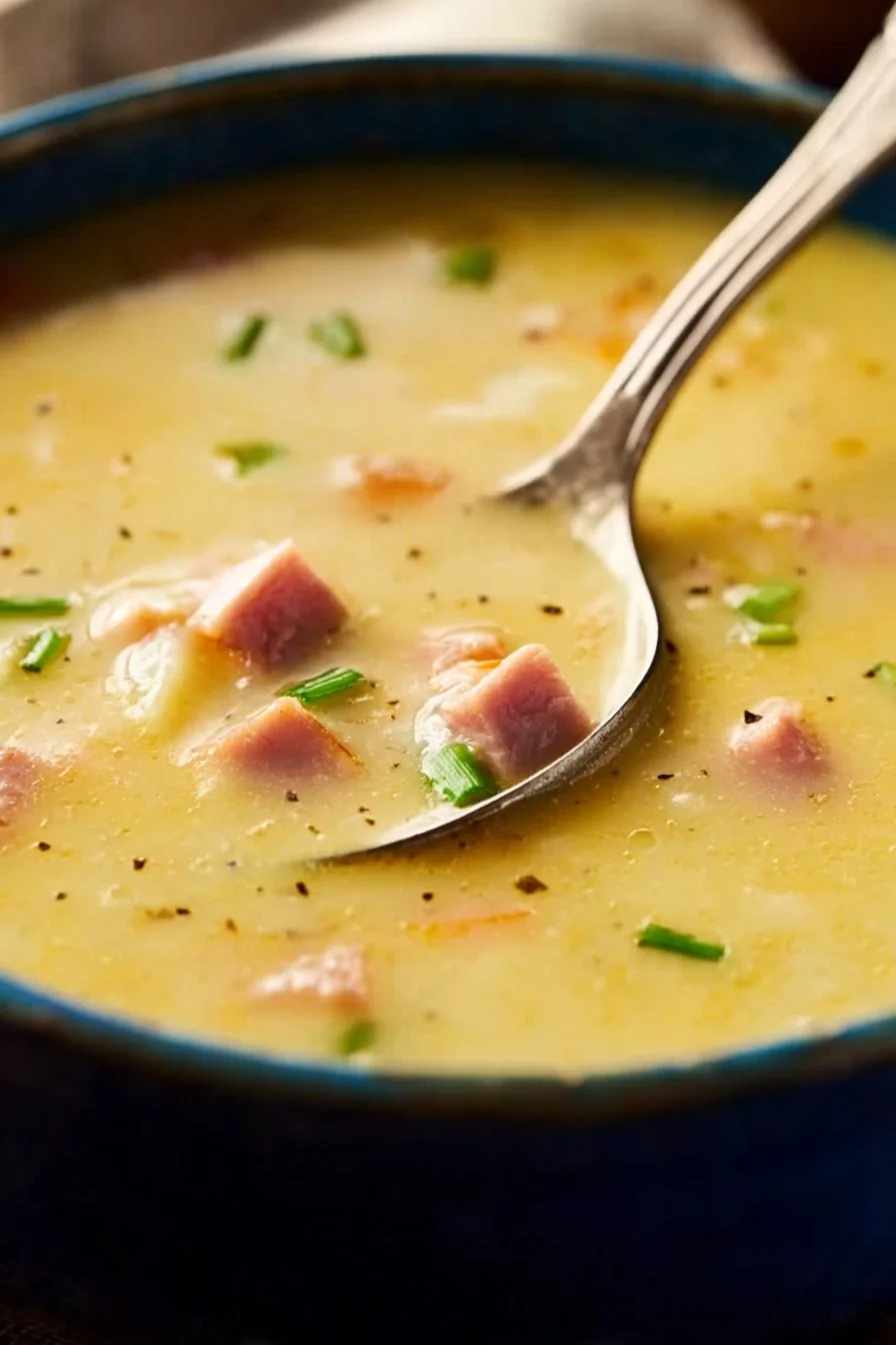Bowl of hearty Ham and Potato Soup garnished with herbs and served with bread