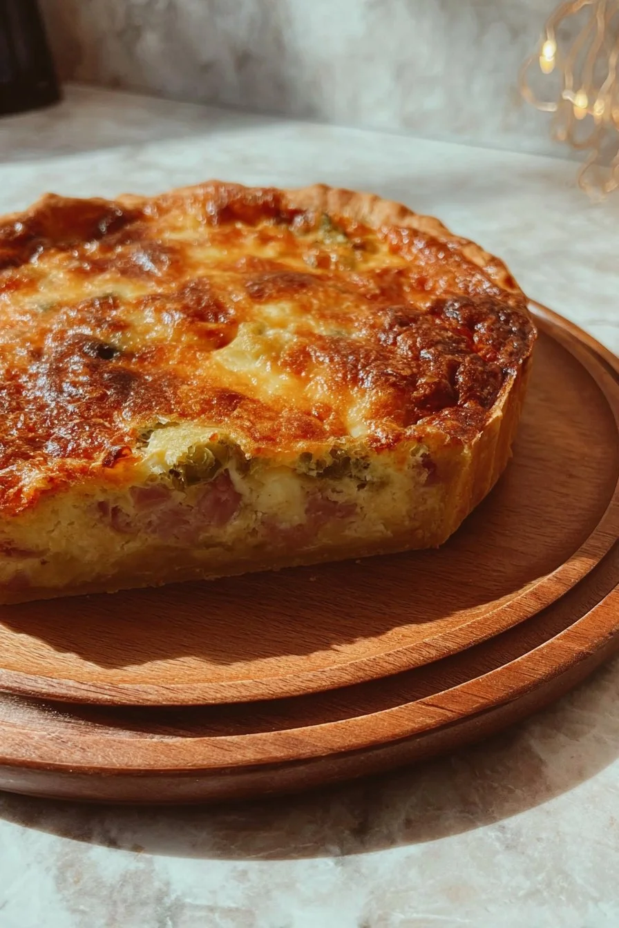 Hatch Chile Ham Quiche with vibrant green chiles and savory ham slices