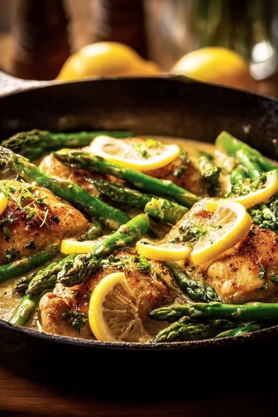 Healthy creamy lemon chicken dish served with asparagus on a plate