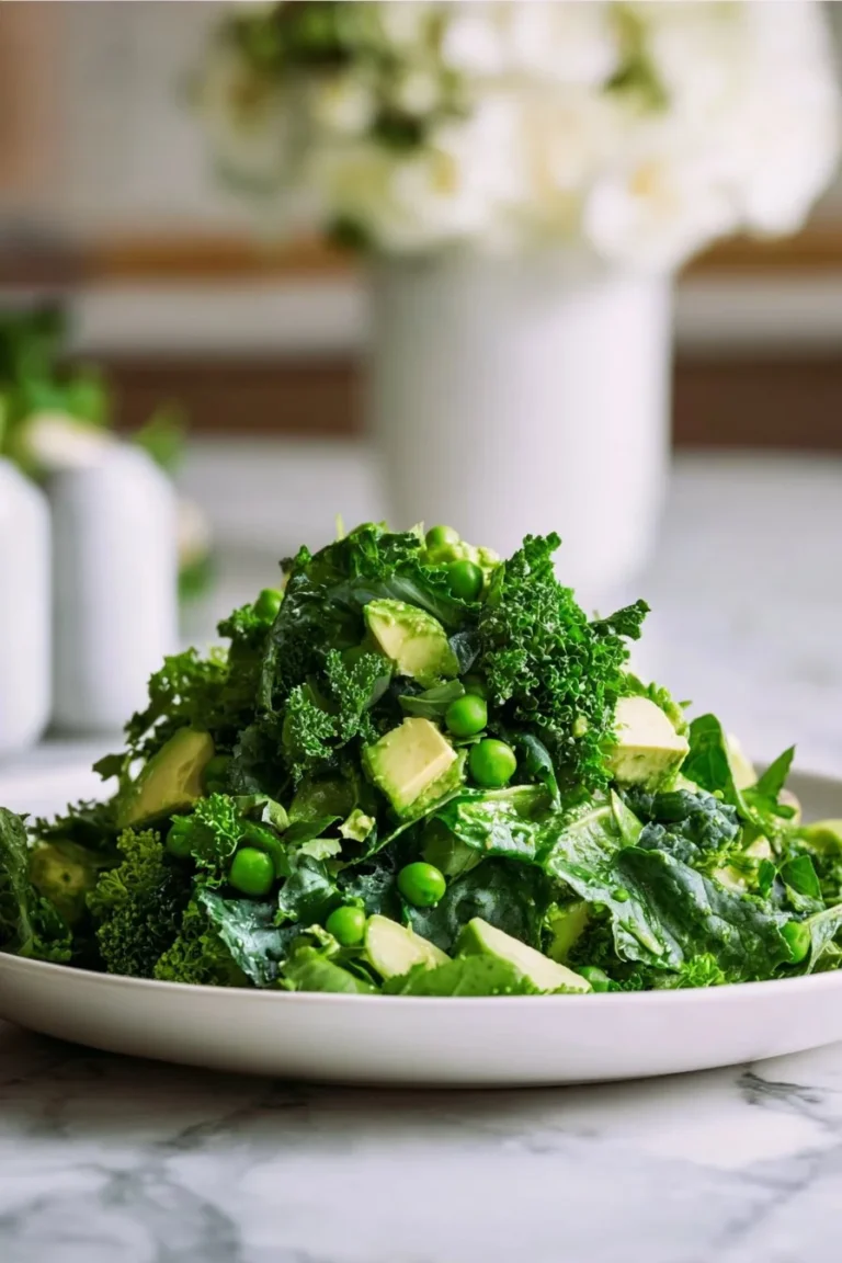Healthy Green Goddess Broccoli Salad topped with fresh herbs and a creamy dressing.