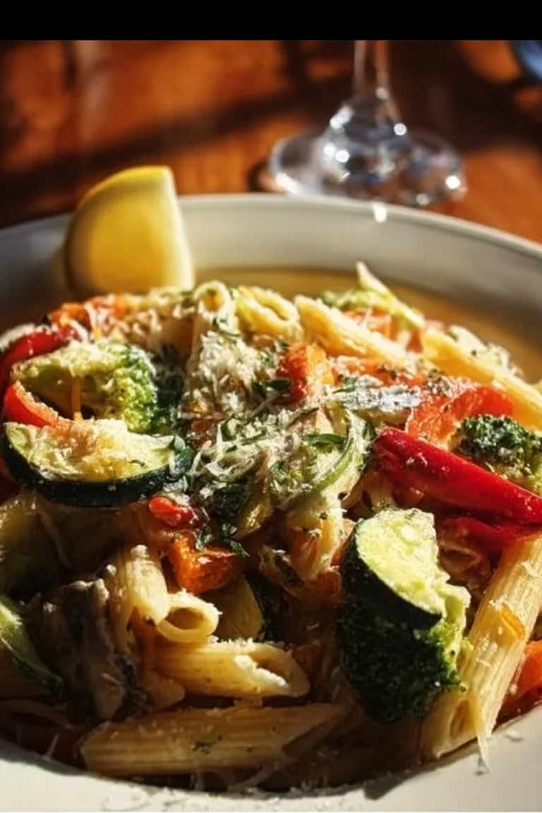 Bowl of Healthy Pasta Primavera with colorful vegetables and herbs.