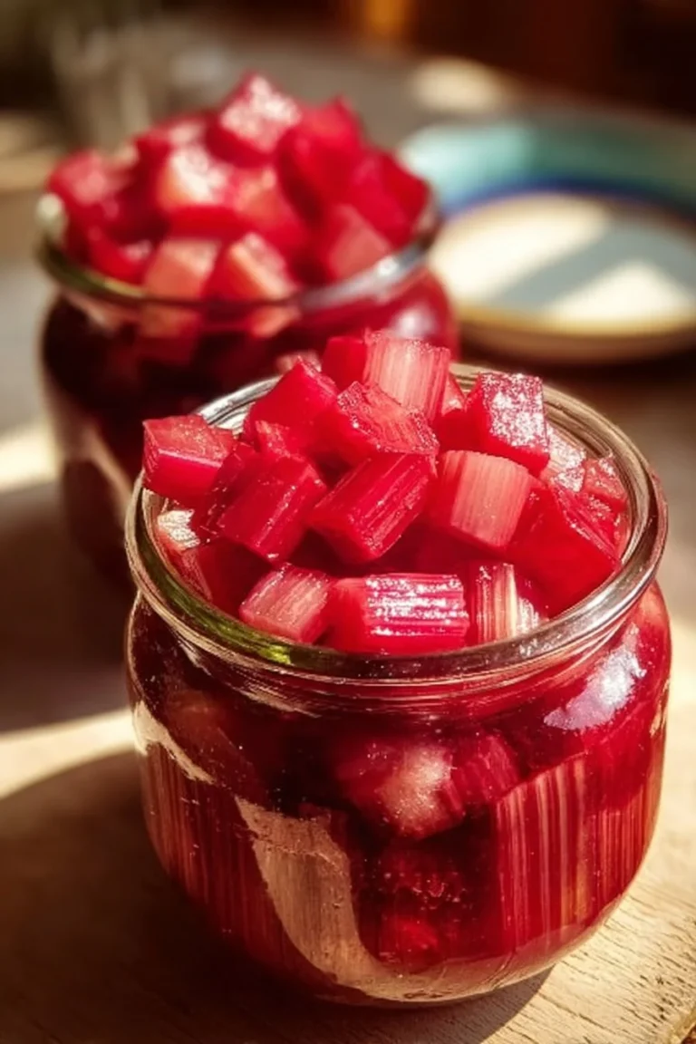 Jar of homemade candied rhubarb with vibrant pink color and fresh rhubarb stalks