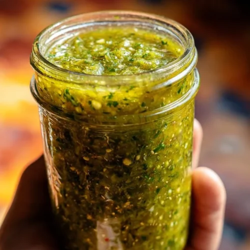 Bowl of homemade green salsa made with fresh ingredients and spices.