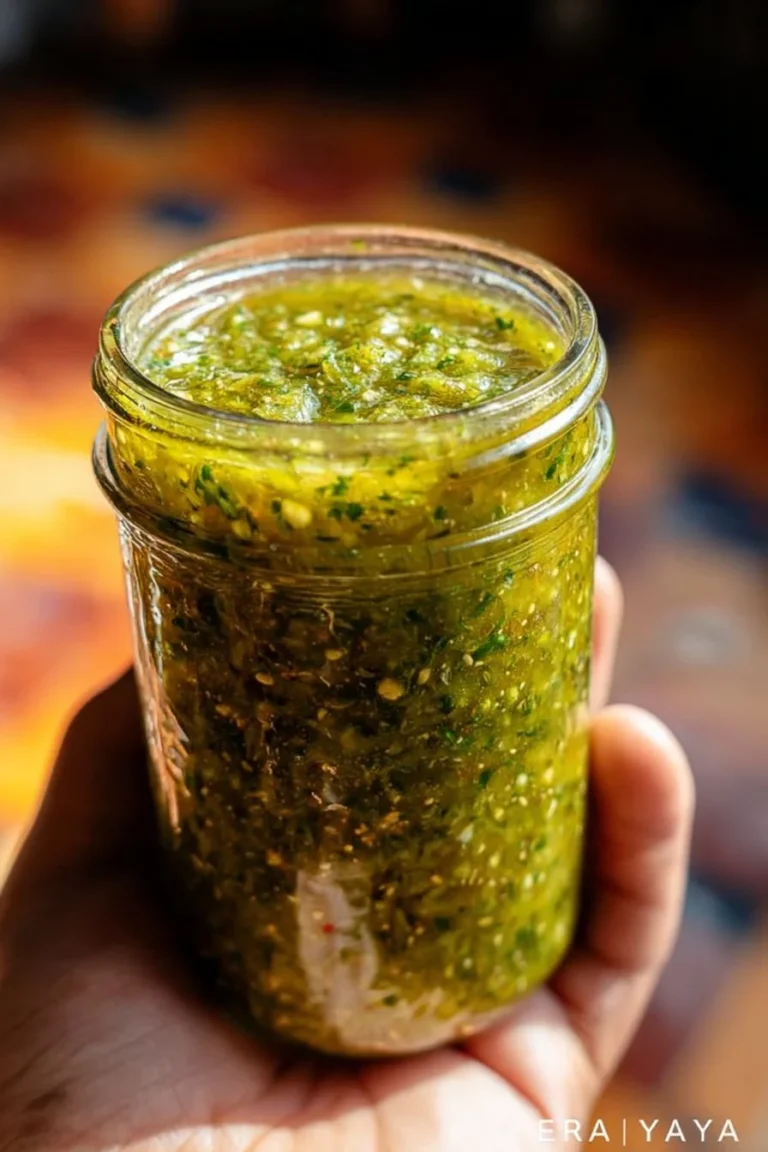 Bowl of homemade green salsa made with fresh ingredients and spices.