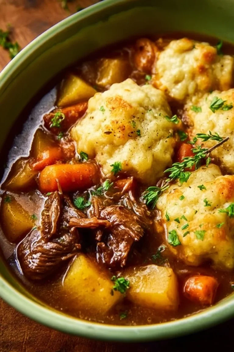 Homemade Irish stew with cheddar dumplings served in a bowl.