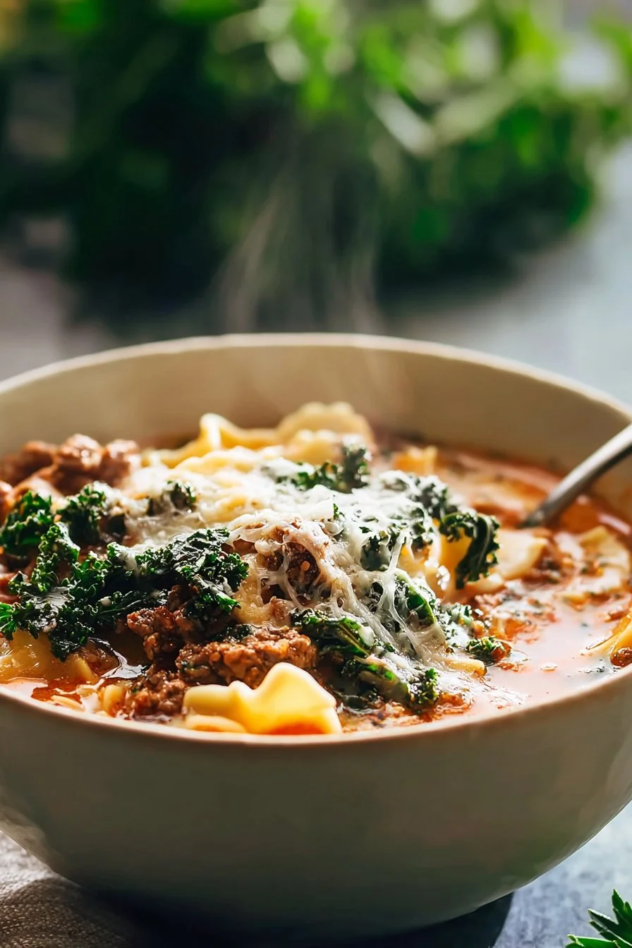 Bowl of homemade sausage lasagna soup with herbs and cheese