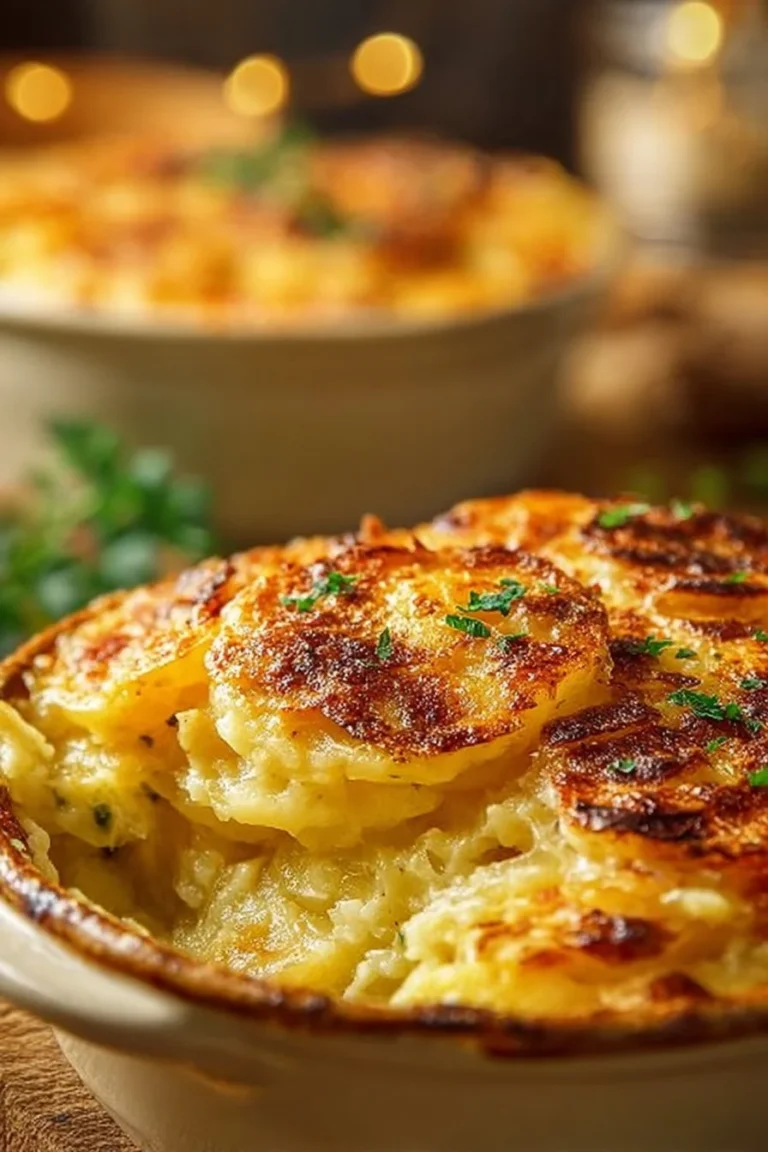 Baked homemade scalloped hashbrown potatoes in a creamy sauce