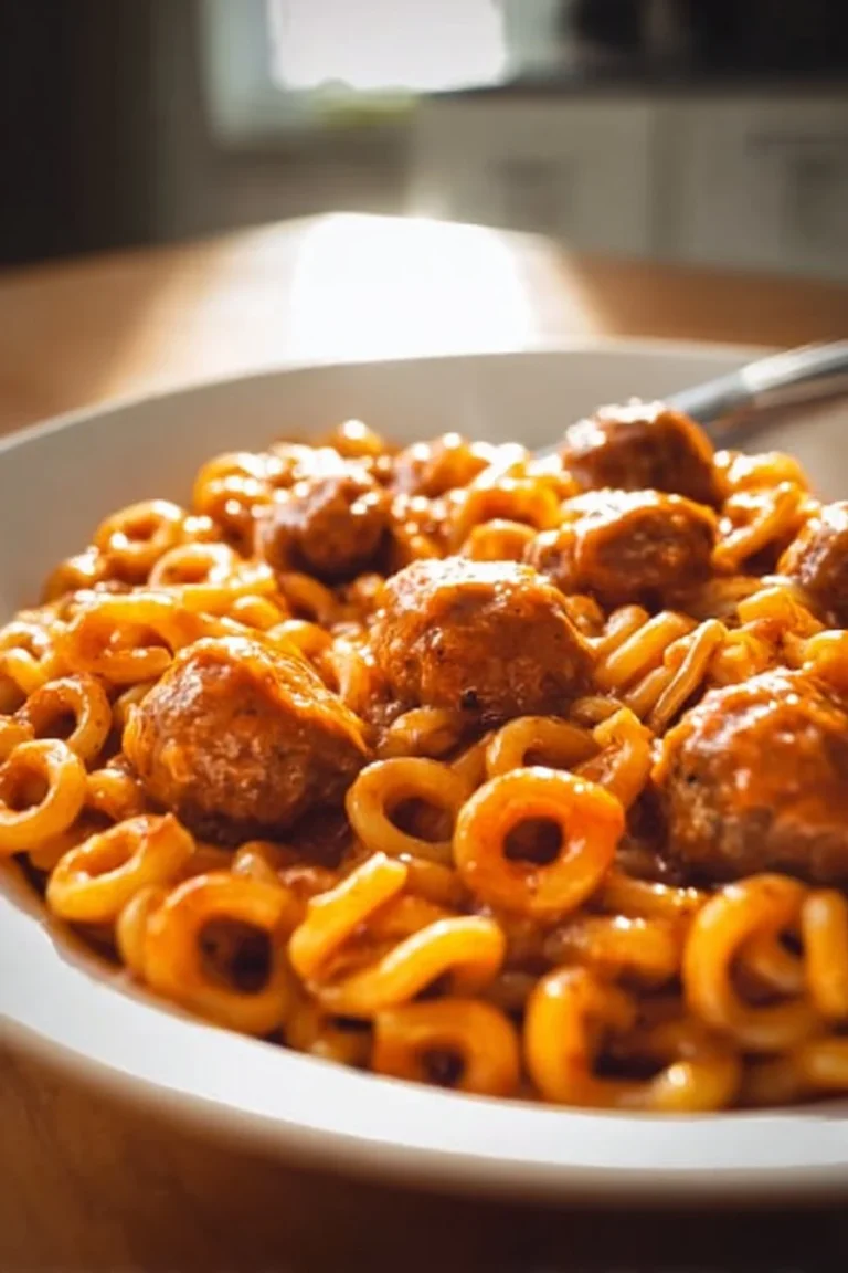 Bowl of homemade Spaghettios topped with herbs and fresh ingredients
