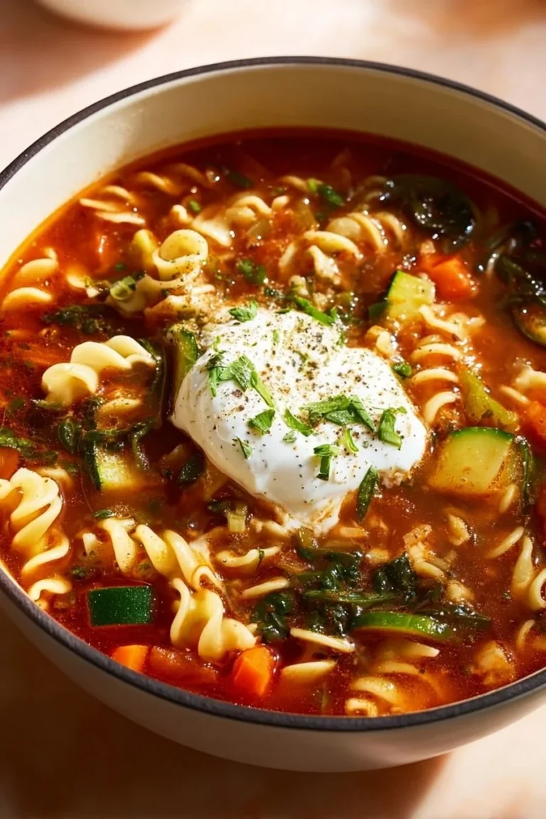 Bowl of homemade vegetarian lasagna soup with fresh vegetables and cheese