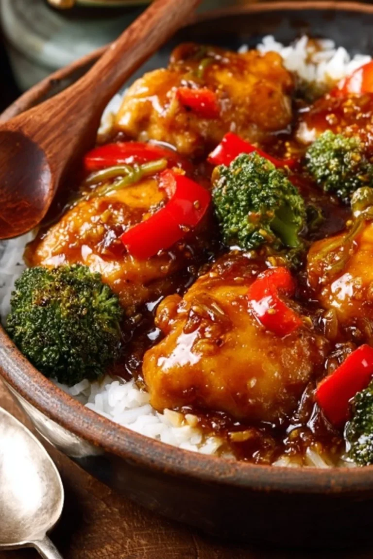 Delicious honey garlic chicken served with vegetables and rice.