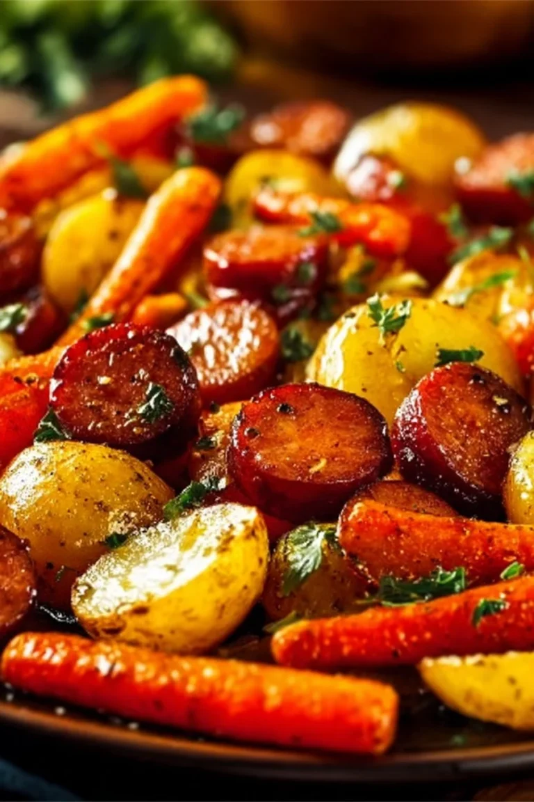 Honey Garlic Kielbasa served with colorful mixed vegetables.