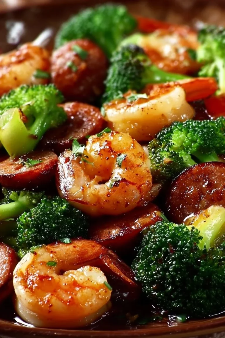 Delicious honey garlic shrimp served with sausage and broccoli in a savory sauce.