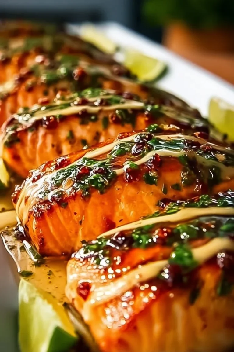 Honey-Lime Garlic Butter Baked Salmon on a plate garnished with herbs