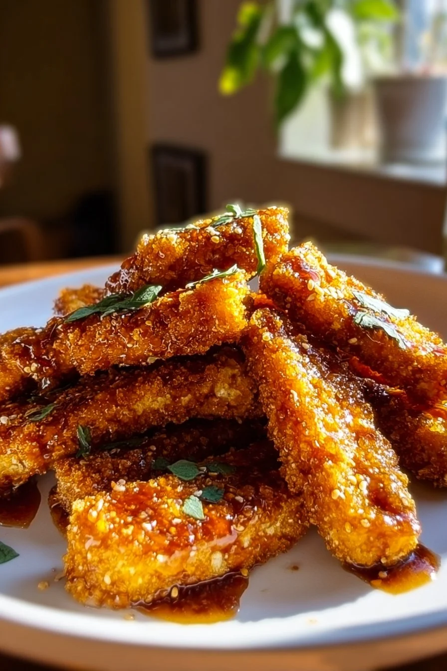 Plate of honey mustard tofu tenders served with a side of vegetables