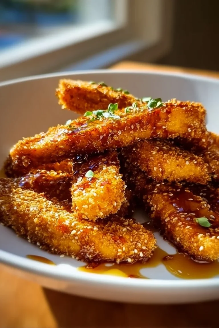 Crispy honey mustard tofu tenders served with a side of dipping sauce