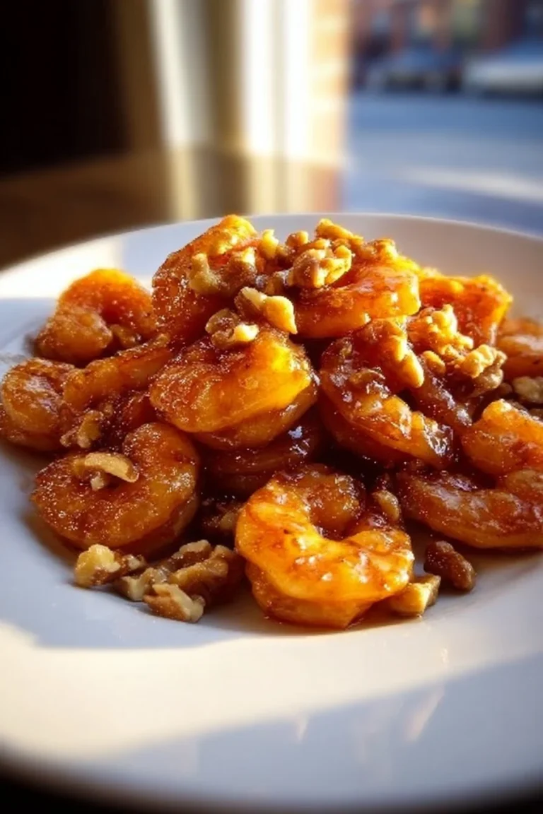 Plate of Honey Walnut Shrimp garnished with walnuts and sauce.