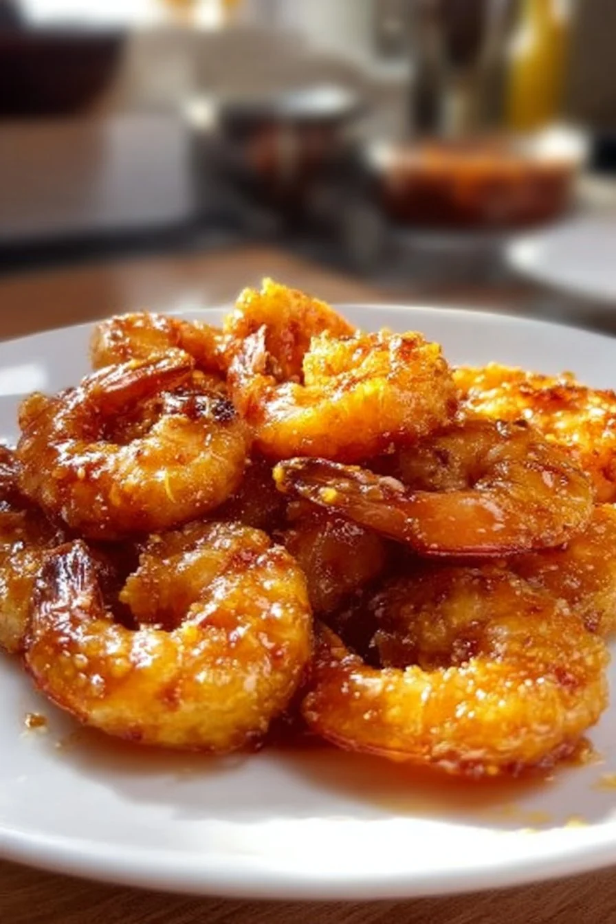Delicious hot honey fried shrimp garnished and ready to eat