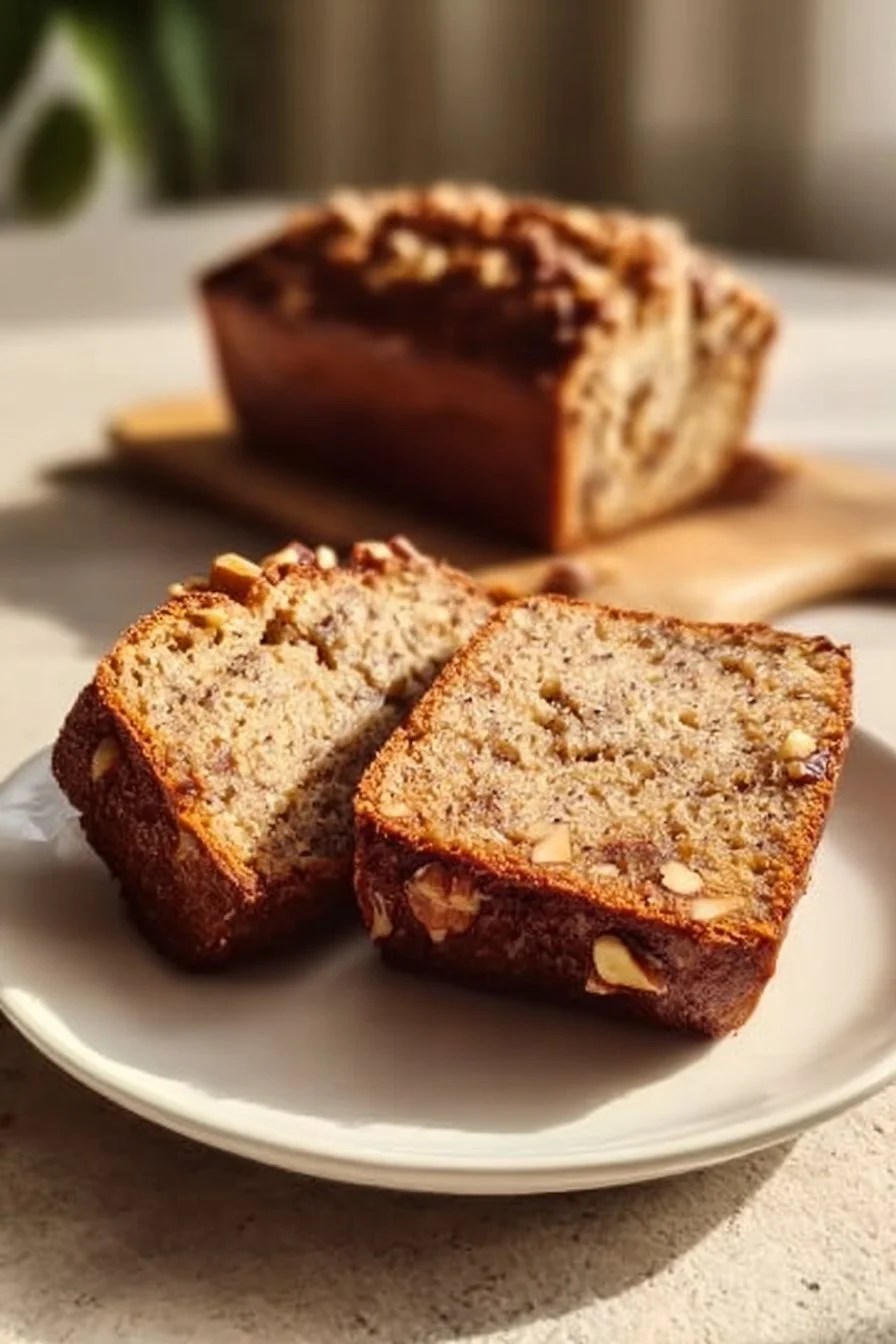 Sliced Hummingbird Bread with bananas and nuts on a wooden table.