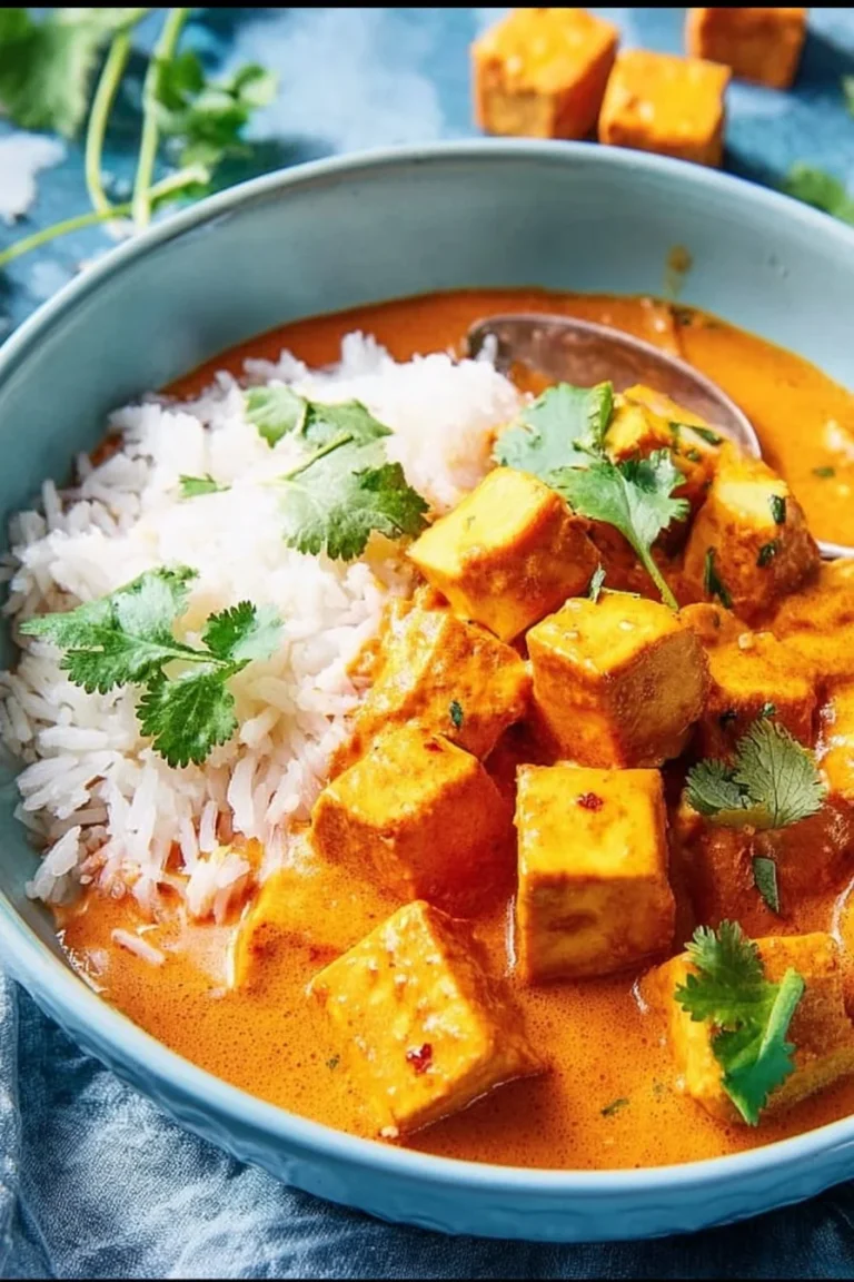 Delicious Indian-inspired tofu curry served in a bowl with colorful spices.