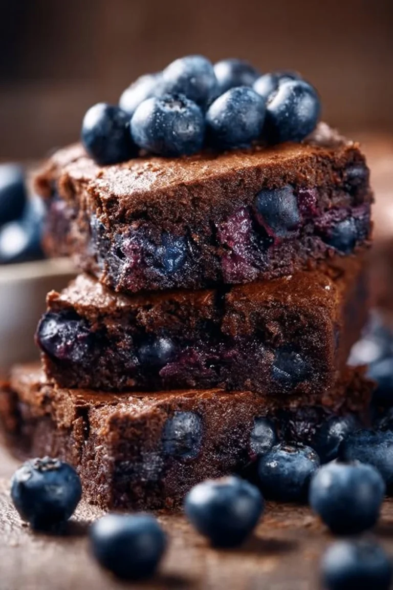 Delicious and fudgy blueberry brownies topped with a sprinkle of fresh blueberries.