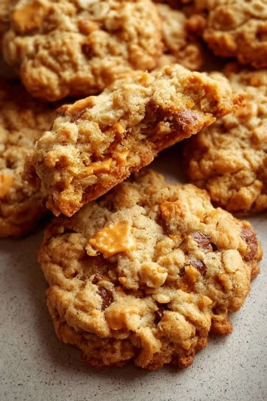Delicious Butterfinger oatmeal cookies with a crunchy topping and chewy texture.