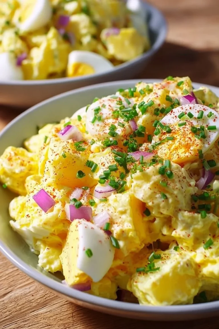 Irresistible deviled egg potato salad with pickles in a serving bowl