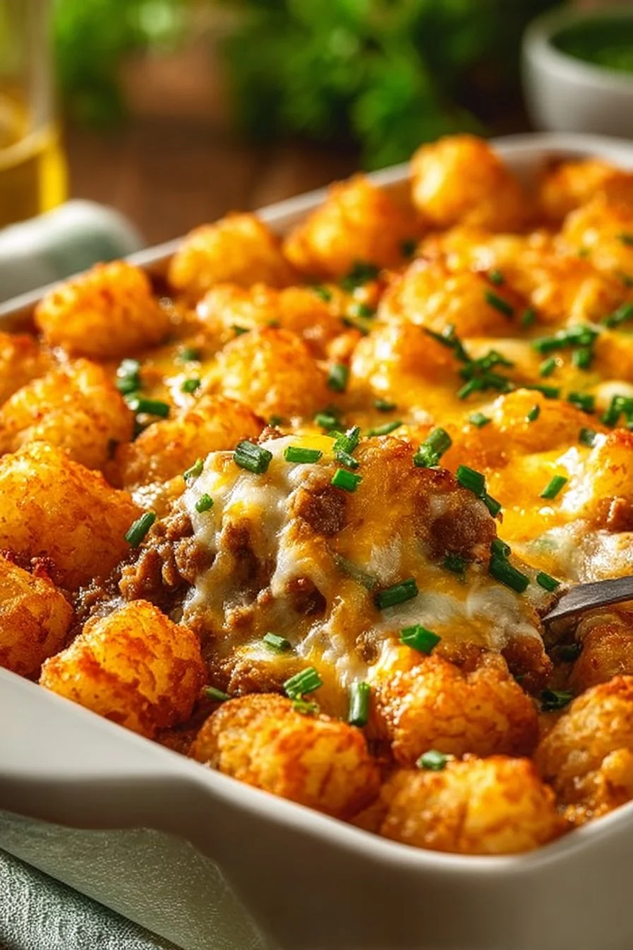 Delicious hamburger tater tot casserole topped with melted cheese and crispy tots