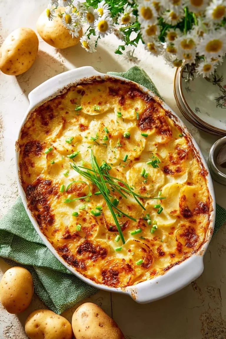 Creamy and cheesy Instant Pot scalloped potatoes served in a dish