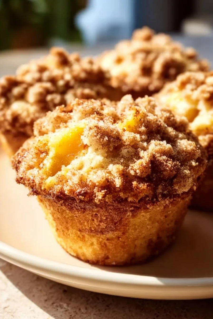 Delicious peach cobbler muffins topped with crumbly streusel