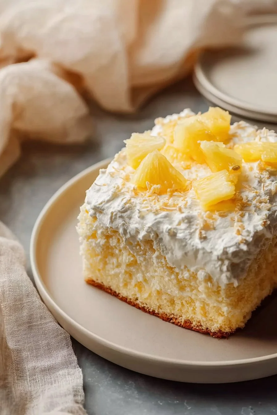 Irresistible Pineapple Angel Food Cake topped with fresh pineapple slices