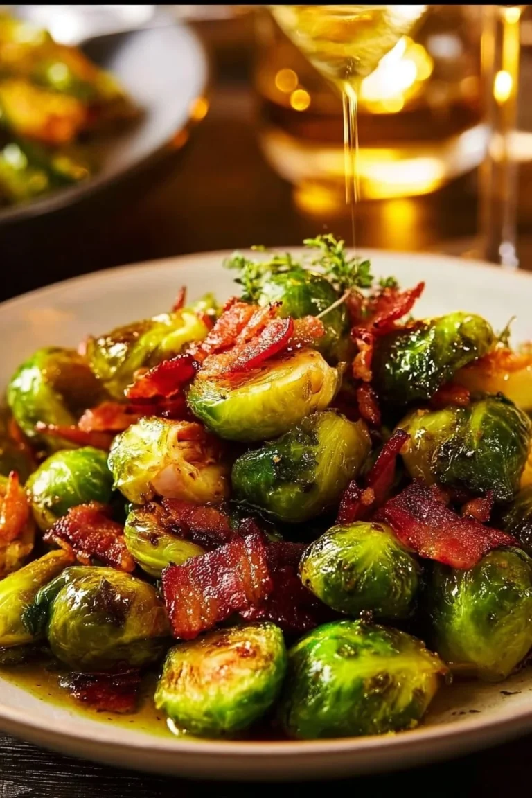 Delicious roasted Brussels sprouts with crispy bacon on a serving platter.