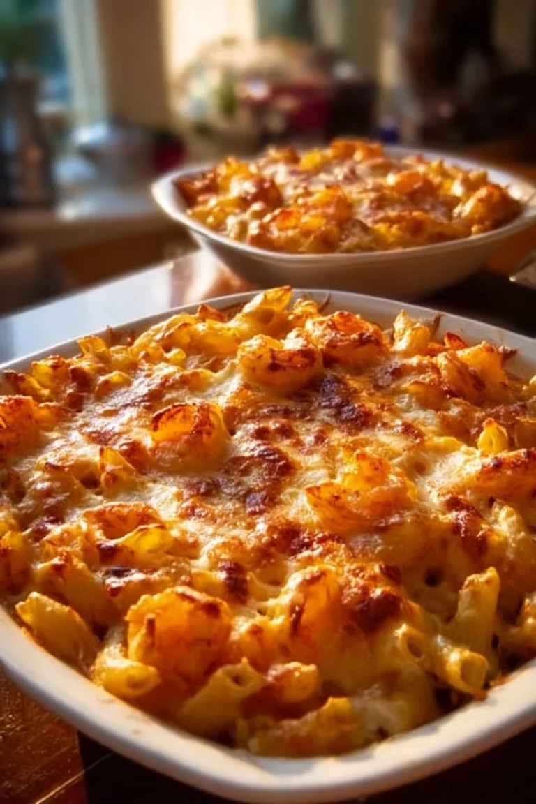 Delicious shrimp pasta bake in a casserole dish, garnished with fresh herbs.