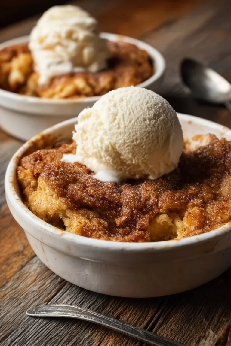 Delicious snickerdoodle cobbler with cinnamon topping served in a dish