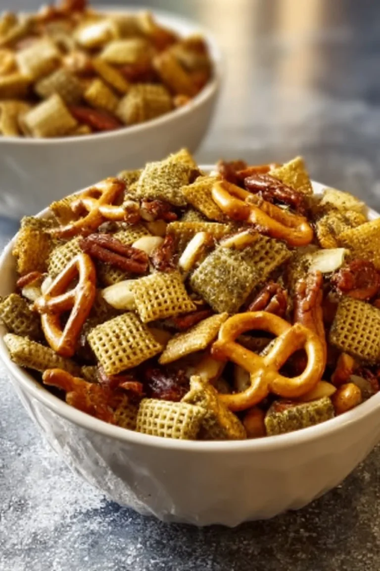 Bowl of Dill Pickle Chex Mix with crunchy snacks and dill pickle flavor