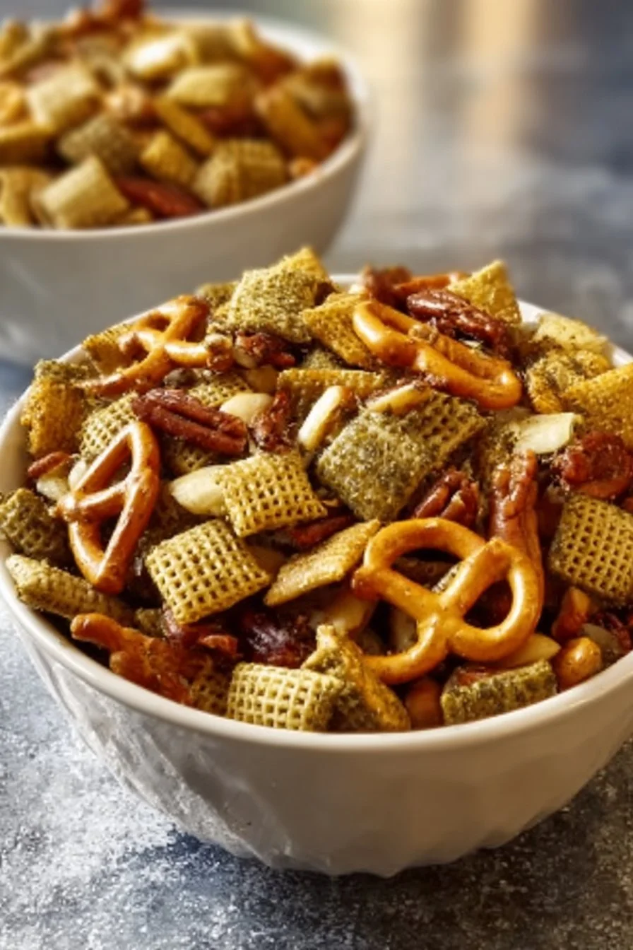 Bowl of Dill Pickle Chex Mix with crunchy snacks and dill pickle flavor