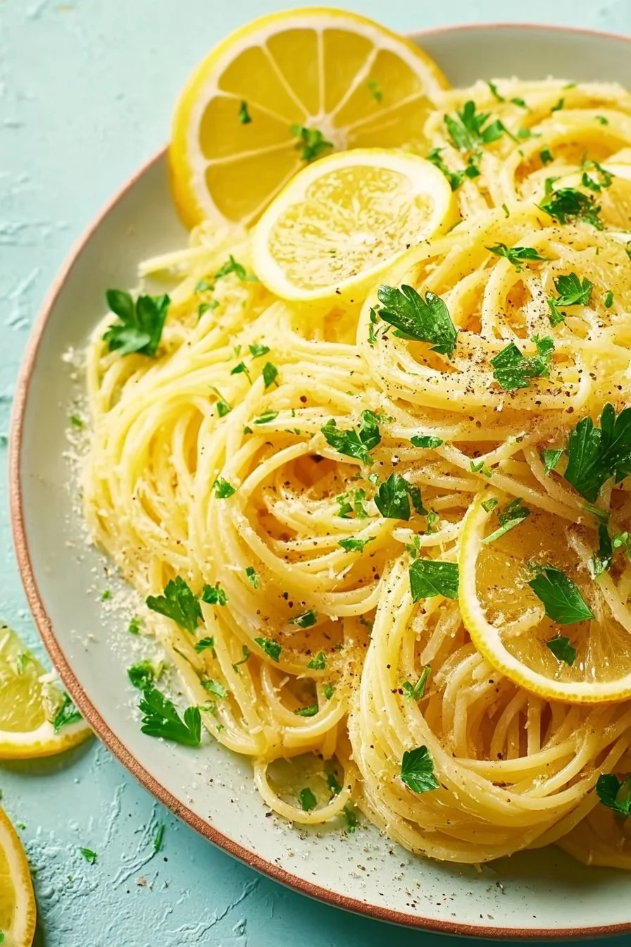 Plate of Italian Lemon Pasta garnished with fresh herbs and lemon zest