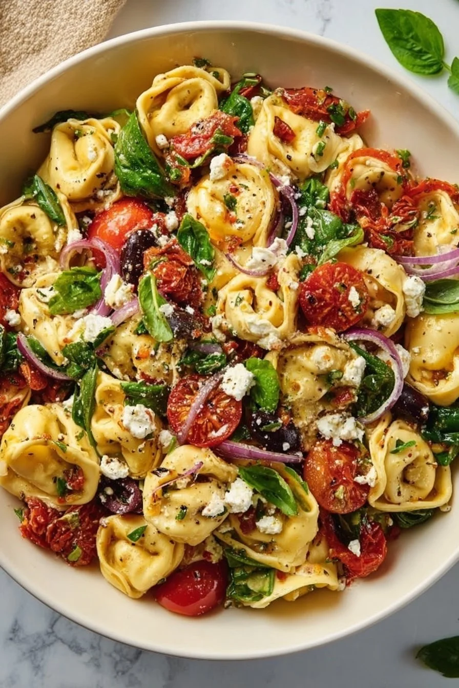 Italian Tortellini Pasta Salad with colorful vegetables and zesty dressing