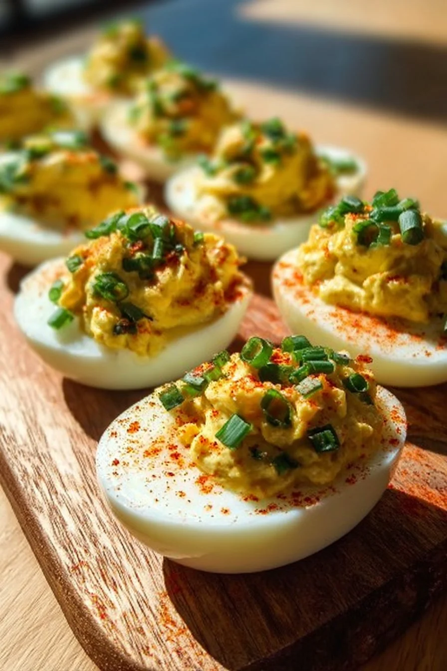 Jalapeno Popper Deviled Eggs topped with jalapeno slices and bacon bits