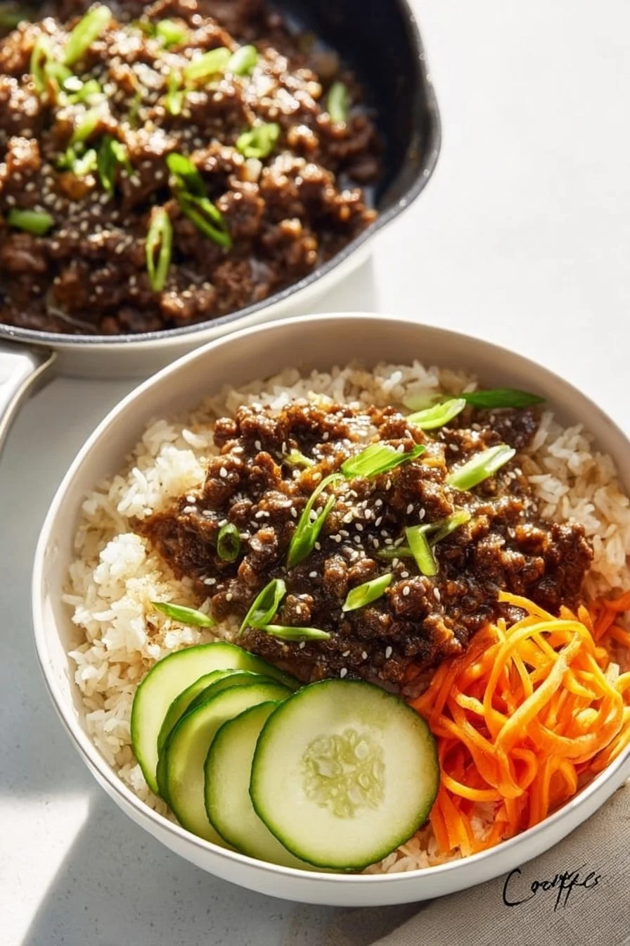 Korean beef bowl with succulent beef, rice, and vibrant vegetables